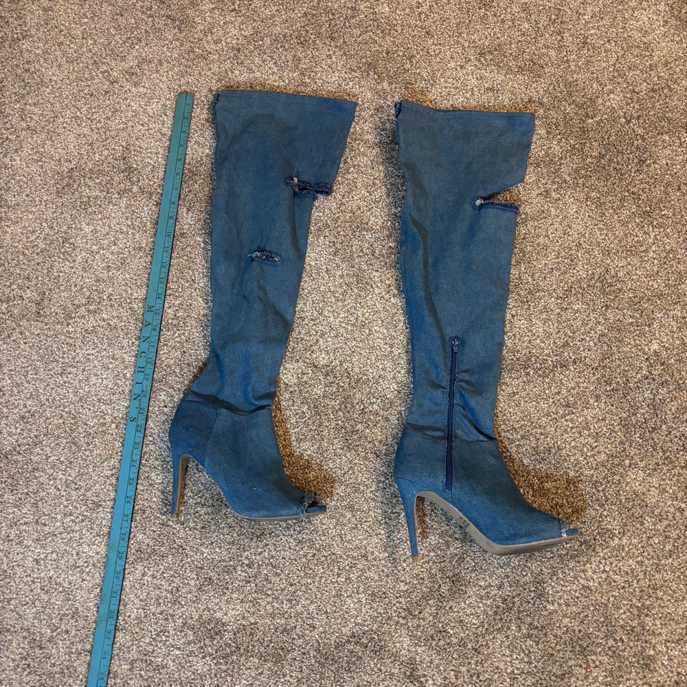 Wild Diva Blue Heeled Above Knee-High Boots SZ 9 Denim Ripped Peep Toe Heels